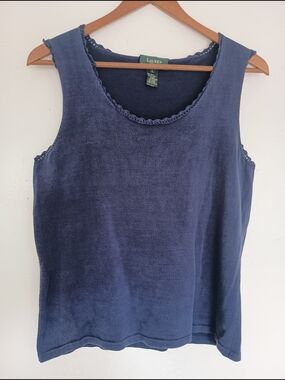 Lauren Ralph Lauren Silk Blend Tank Top Blue Knit Sleeveless Crochet Trim L